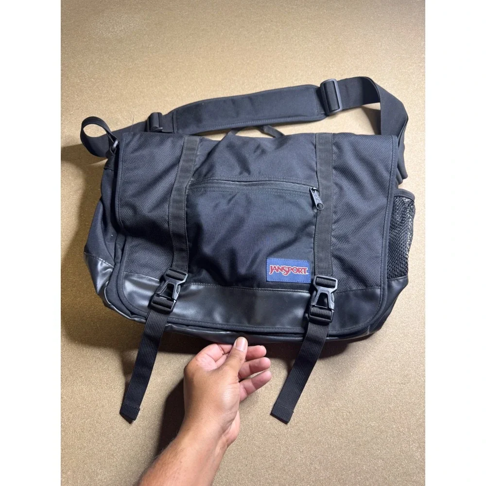 JanSport Messenger Bag Black Canvas Laptop Crossbody Shoulder Satchel Travel Bag